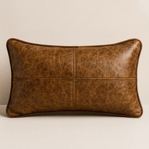 Cognac Brown Lambskin Leather Lumbar Pillow | Goose Feather Insert | Distressed
